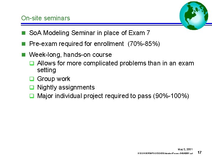 On-site seminars n So. A Modeling Seminar in place of Exam 7 n Pre-exam