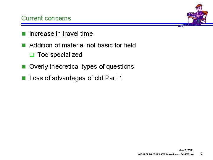 Current concerns n Increase in travel time n Addition of material not basic for