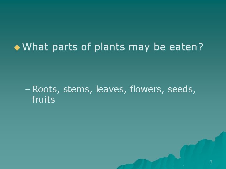 u What parts of plants may be eaten? – Roots, stems, leaves, flowers, seeds,