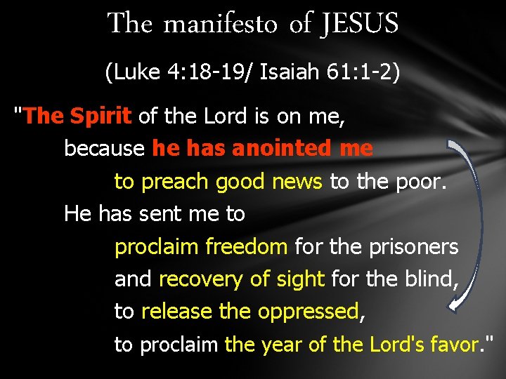 The manifesto of JESUS (Luke 4: 18 -19/ Isaiah 61: 1 -2) "The Spirit The manifesto of JESUS (Luke 4: 18 -19/ Isaiah 61: 1 -2) "The Spirit