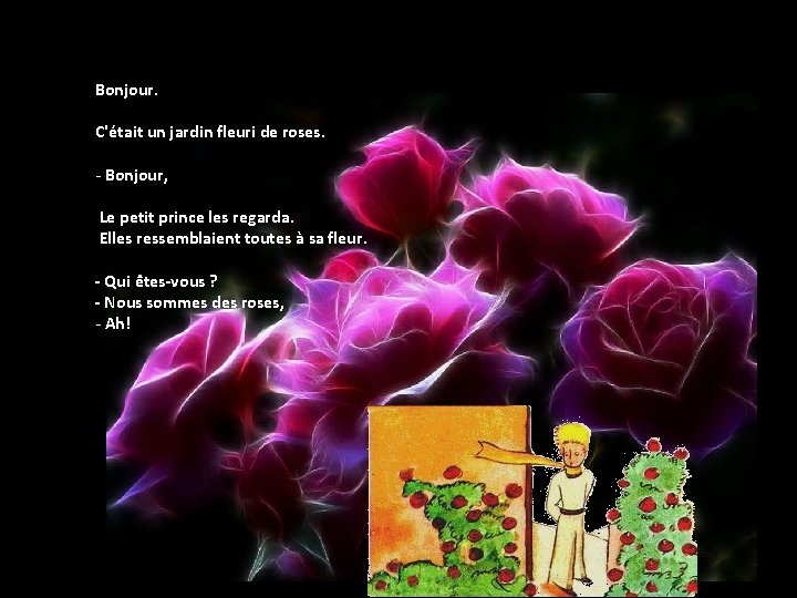 Bonjour. C'était un jardin fleuri de roses. - Bonjour, Le petit prince les regarda.