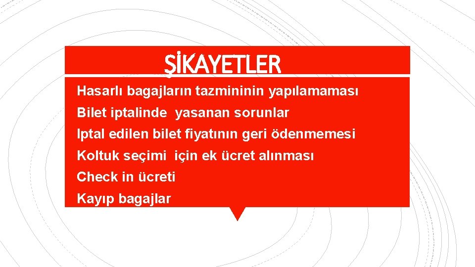 ŞİKAYETLER • • • Hasarlı bagajların tazmininin yapılamaması Bilet iptalinde yasanan sorunlar Iptal edilen