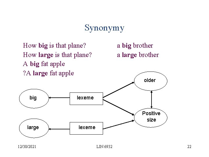 Synonymy How big is that plane? How large is that plane? A big fat