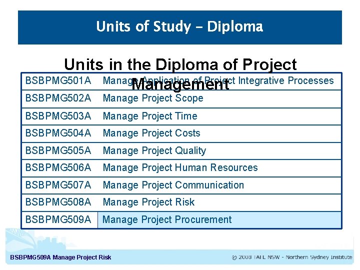 Units of Study – Diploma Units in the Diploma of Project BSBPMG 501 A