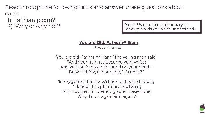 Read through the following texts and answer these questions about each: 1) Is this