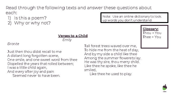 Read through the following texts and answer these questions about each: Note: Use an