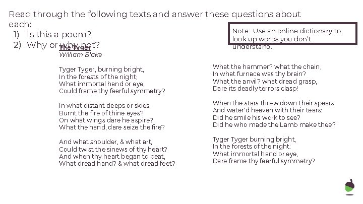 Read through the following texts and answer these questions about each: Note: Use an