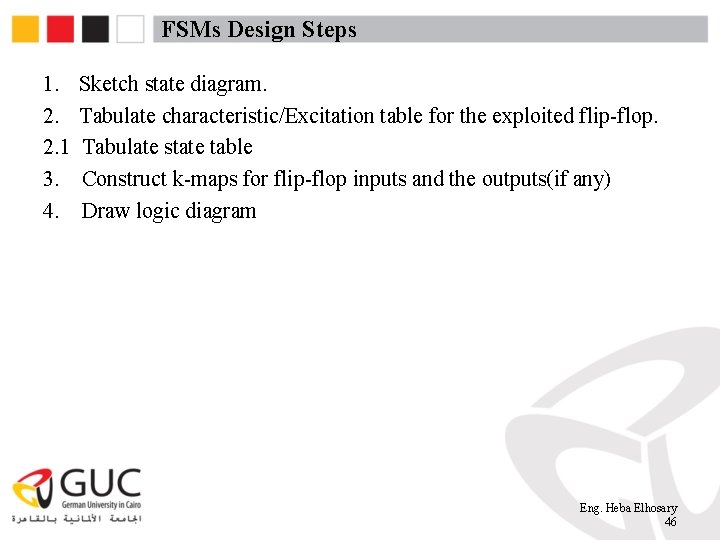 FSMs Design Steps 1. 2. 2. 1 3. 4. Sketch state diagram. Tabulate characteristic/Excitation