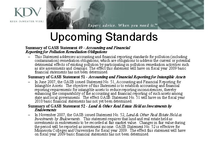 Upcoming Standards Summary of GASB Statement 49 - Accounting and Financial Reporting for Pollution