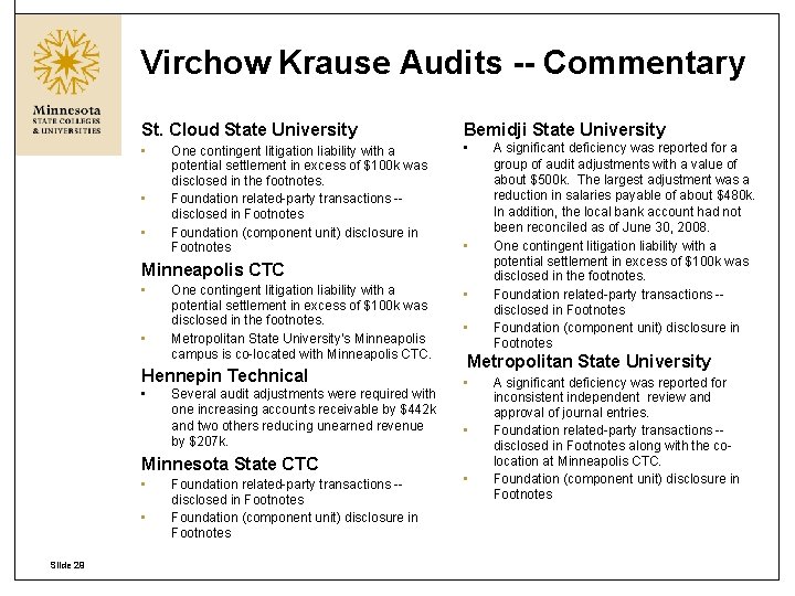 Virchow Krause Audits -- Commentary St. Cloud State University Bemidji State University • •