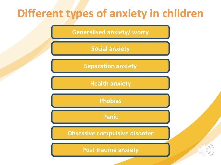Different types of anxiety in children Generalised anxiety/ worry Social anxiety Separation anxiety Health