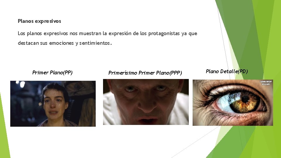 Planos expresivos Los planos expresivos nos muestran la expresión de los protagonistas ya que