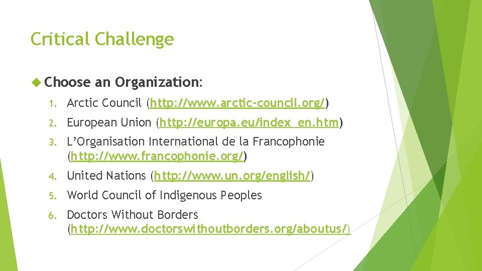 Critical Challenge Choose an Organization: 1. Arctic Council (http: //www. arctic-council. org/) 2. European