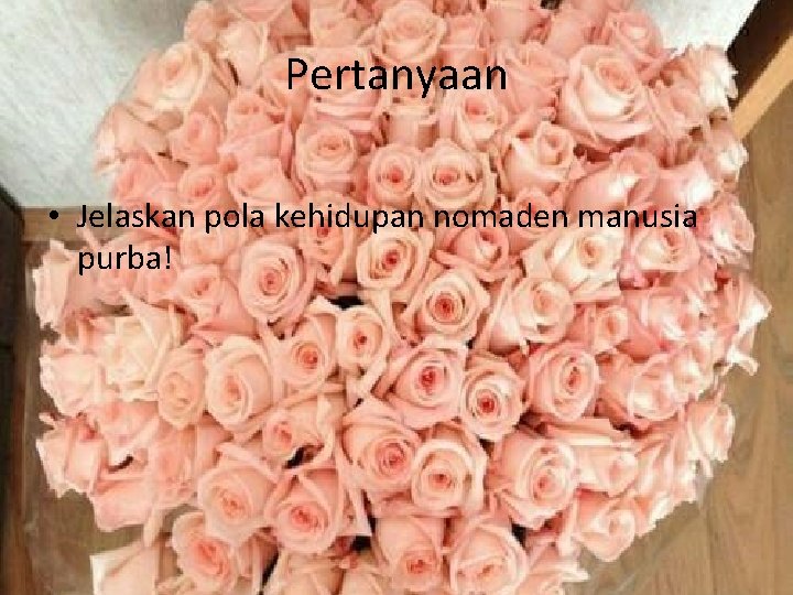 Pertanyaan • Jelaskan pola kehidupan nomaden manusia purba! Pertanyaan • Jelaskan pola kehidupan nomaden manusia purba!