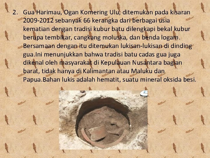2. Gua Harimau, Ogan Komering Ulu, ditemukan pada kisaran 2009 -2012 sebanyak 66 kerangka 2. Gua Harimau, Ogan Komering Ulu, ditemukan pada kisaran 2009 -2012 sebanyak 66 kerangka