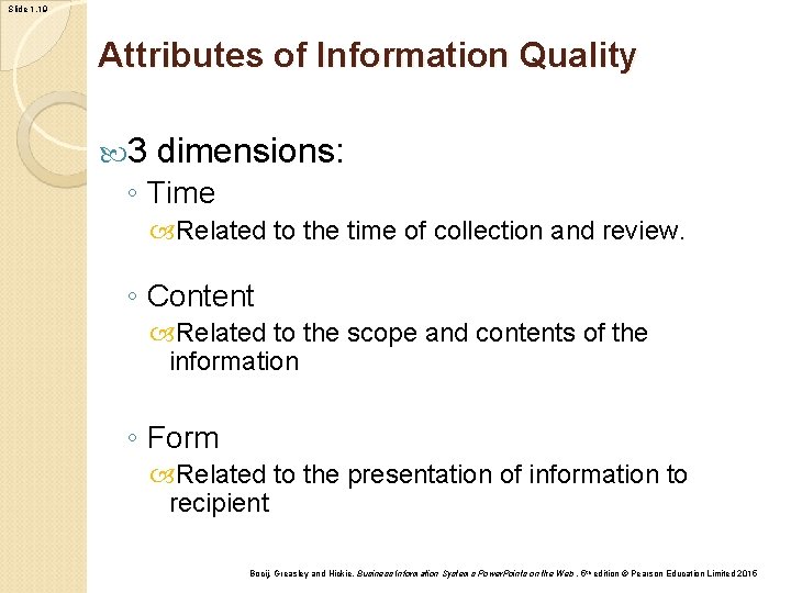 Slide 1. 19 Attributes of Information Quality 3 dimensions: ◦ Time Related to the Slide 1. 19 Attributes of Information Quality 3 dimensions: ◦ Time Related to the