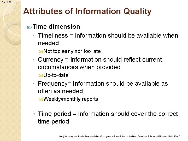 Slide 1. 20 Attributes of Information Quality Time dimension ◦ Timeliness = information should Slide 1. 20 Attributes of Information Quality Time dimension ◦ Timeliness = information should