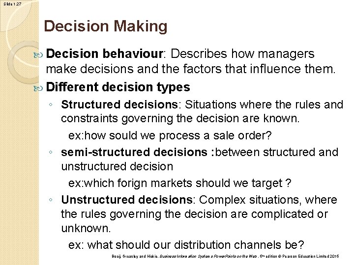Slide 1. 27 Decision Making Decision behaviour: Describes how managers make decisions and the Slide 1. 27 Decision Making Decision behaviour: Describes how managers make decisions and the