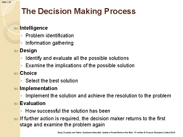 Slide 1. 32 The Decision Making Process Intelligence ◦ Problem identification ◦ Information gathering Slide 1. 32 The Decision Making Process Intelligence ◦ Problem identification ◦ Information gathering