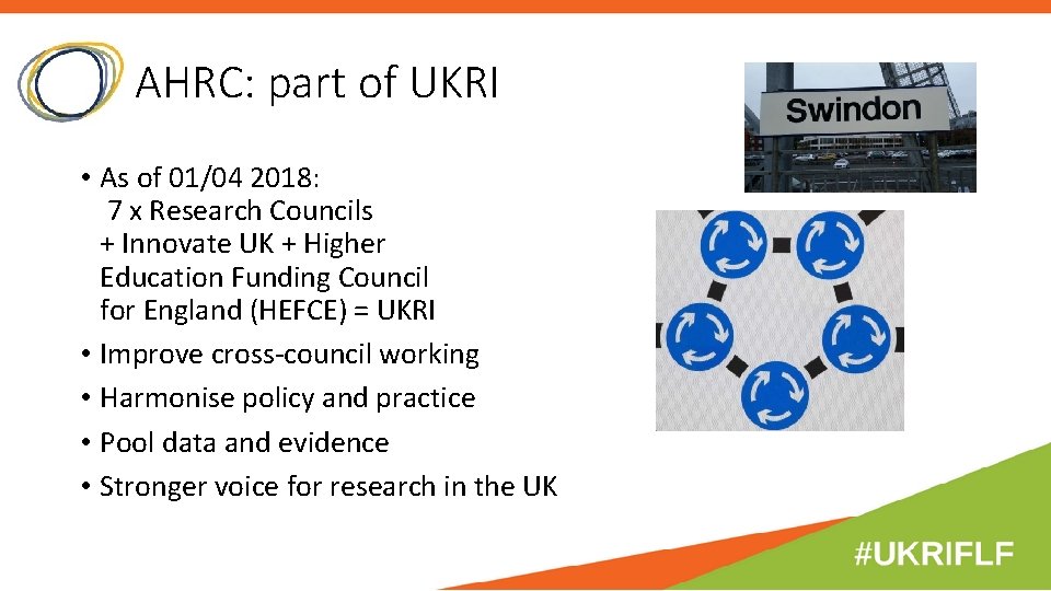 AHRC: part of UKRI • As of 01/04 2018: 7 x Research Councils + AHRC: part of UKRI • As of 01/04 2018: 7 x Research Councils +