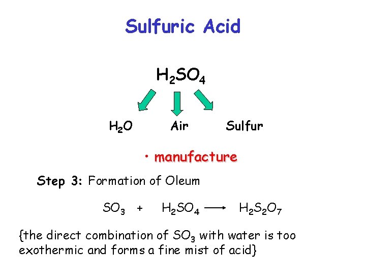 Sulfuric Acid H 2 SO 4 H 2 O Air Sulfur • manufacture Step