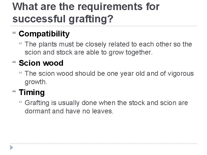 What are the requirements for successful grafting? Compatibility Scion wood The plants must be