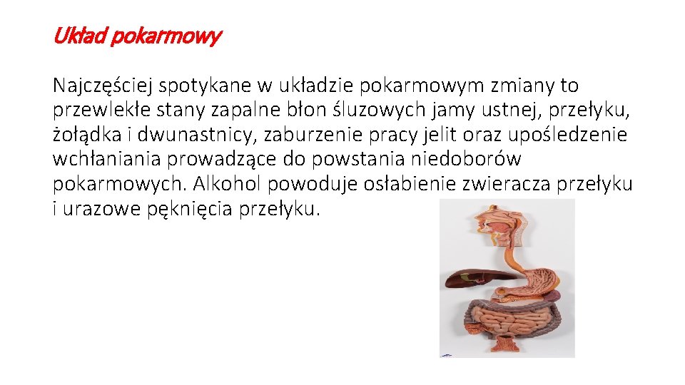 Układ pokarmowy Najczęściej spotykane w układzie pokarmowym zmiany to przewlekłe stany zapalne błon śluzowych