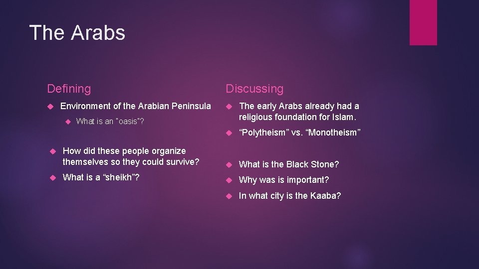 The Arabs Defining Environment of the Arabian Peninsula The early Arabs already had a