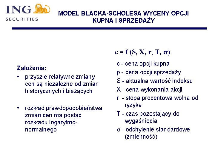 MODEL BLACKA-SCHOLESA WYCENY OPCJI KUPNA I SPRZEDAŻY c = f (S, X, r, T,