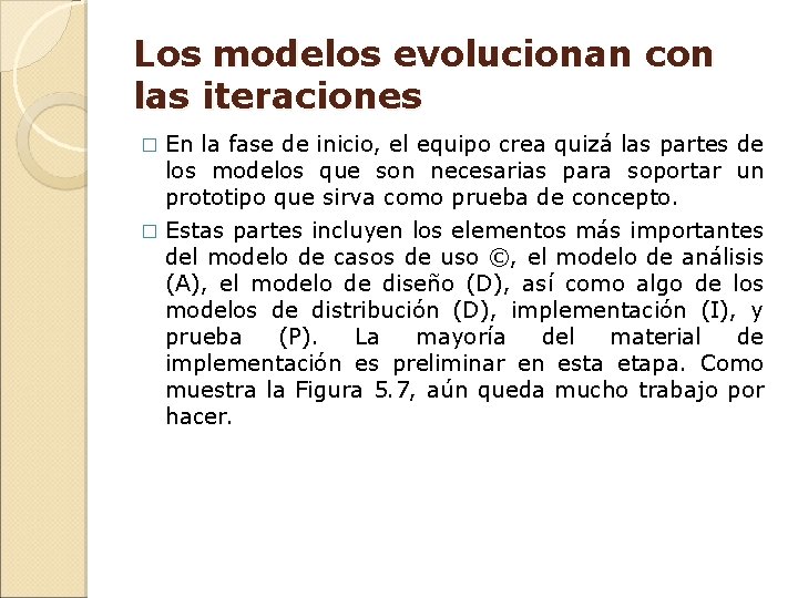 Los modelos evolucionan con las iteraciones En la fase de inicio, el equipo crea Los modelos evolucionan con las iteraciones En la fase de inicio, el equipo crea