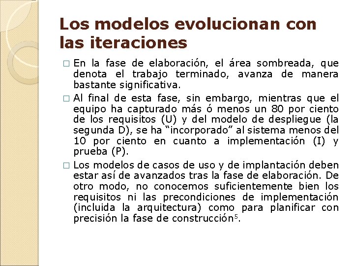 Los modelos evolucionan con las iteraciones En la fase de elaboración, el área sombreada, Los modelos evolucionan con las iteraciones En la fase de elaboración, el área sombreada,