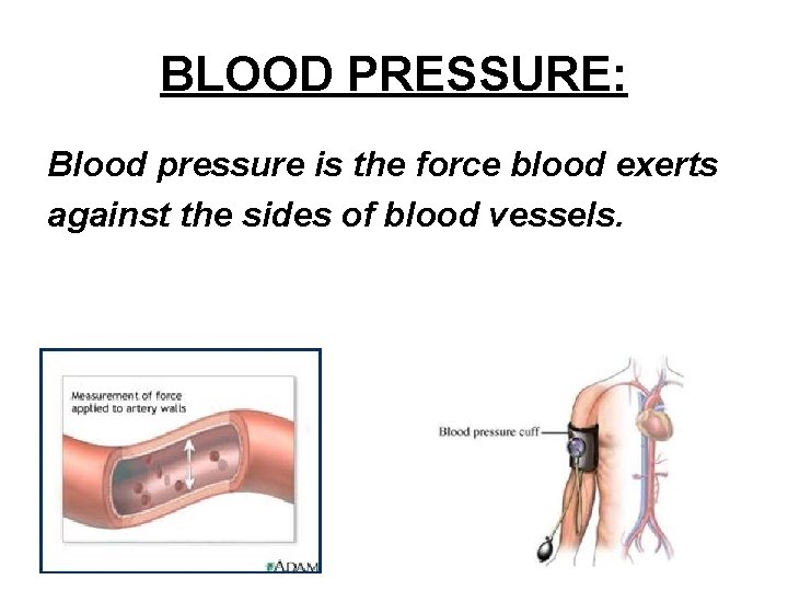 BLOOD PRESSURE: Blood pressure is the force blood exerts against the sides of blood