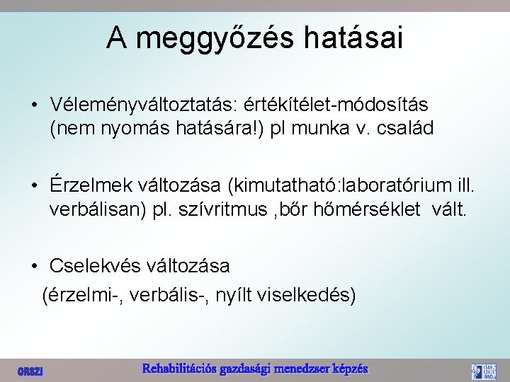 A meggyőzés hatásai • Véleményváltoztatás: értékítélet-módosítás (nem nyomás hatására!) pl munka v. család •