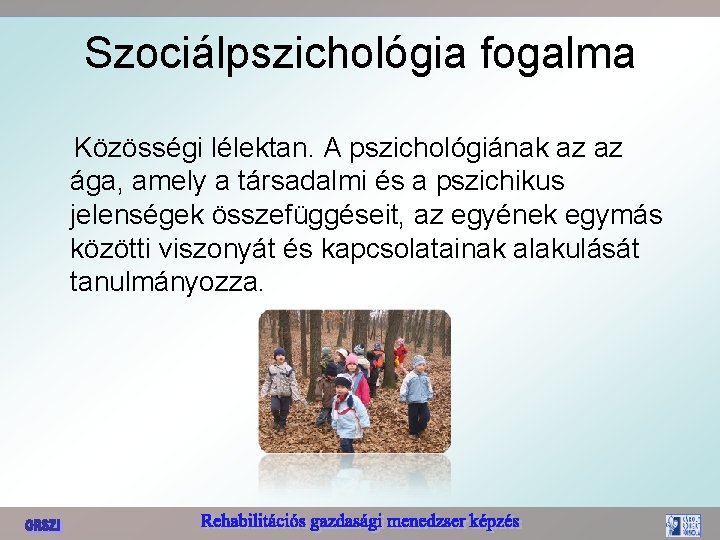 Szociálpszichológia fogalma Közösségi lélektan. A pszichológiának az az ága, amely a társadalmi és a