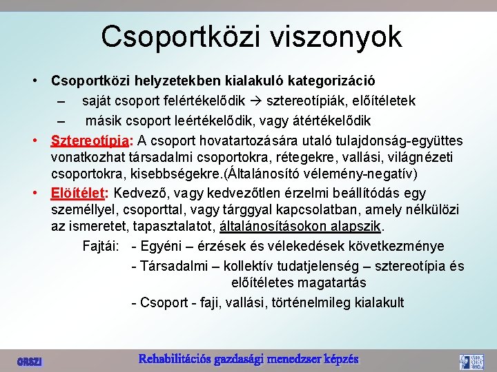 Csoportközi viszonyok • Csoportközi helyzetekben kialakuló kategorizáció – saját csoport felértékelődik sztereotípiák, előítéletek –