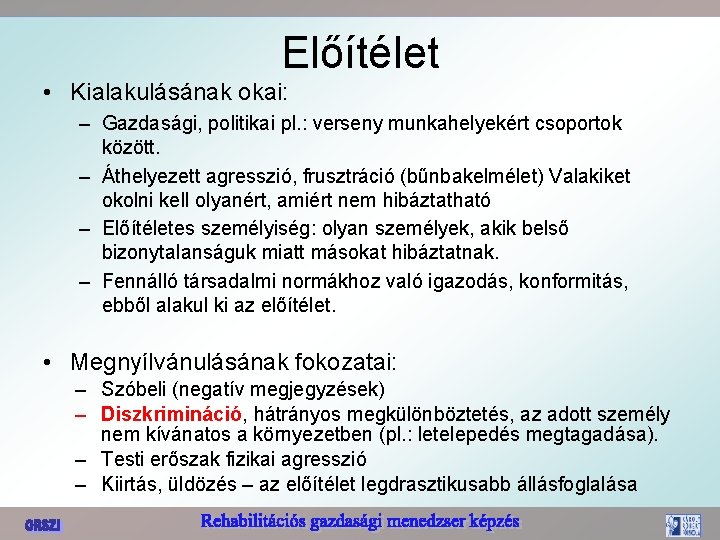 Előítélet • Kialakulásának okai: – Gazdasági, politikai pl. : verseny munkahelyekért csoportok között. –