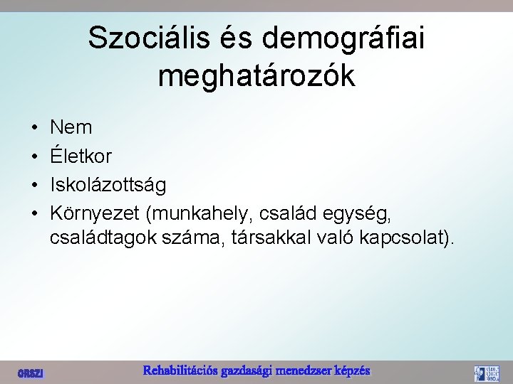 Szociális és demográfiai meghatározók • • Nem Életkor Iskolázottság Környezet (munkahely, család egység, családtagok