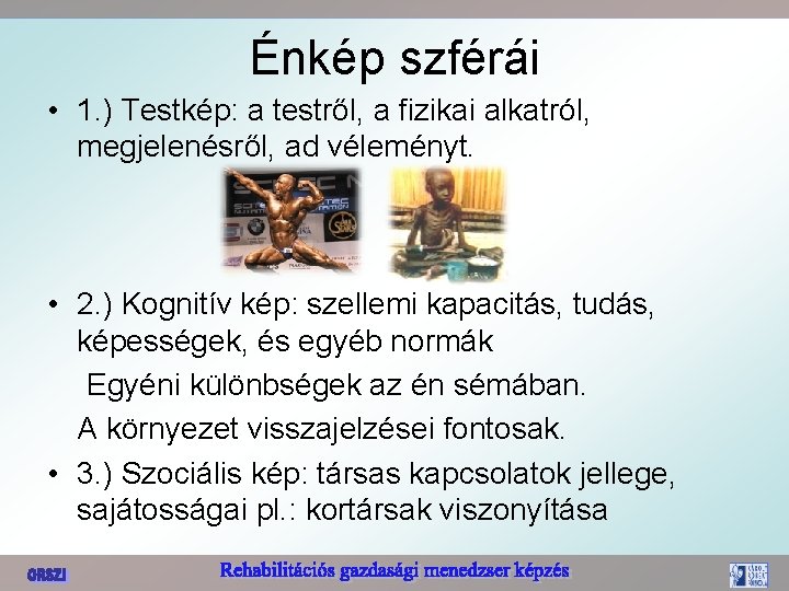 Énkép szférái • 1. ) Testkép: a testről, a fizikai alkatról, megjelenésről, ad véleményt.