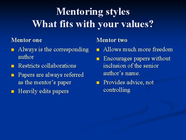 Mentoring styles What fits with your values? Mentor one n Always is the corresponding