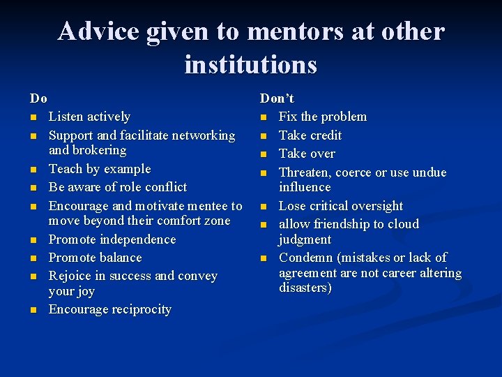 Advice given to mentors at other institutions Do n n n n n Listen