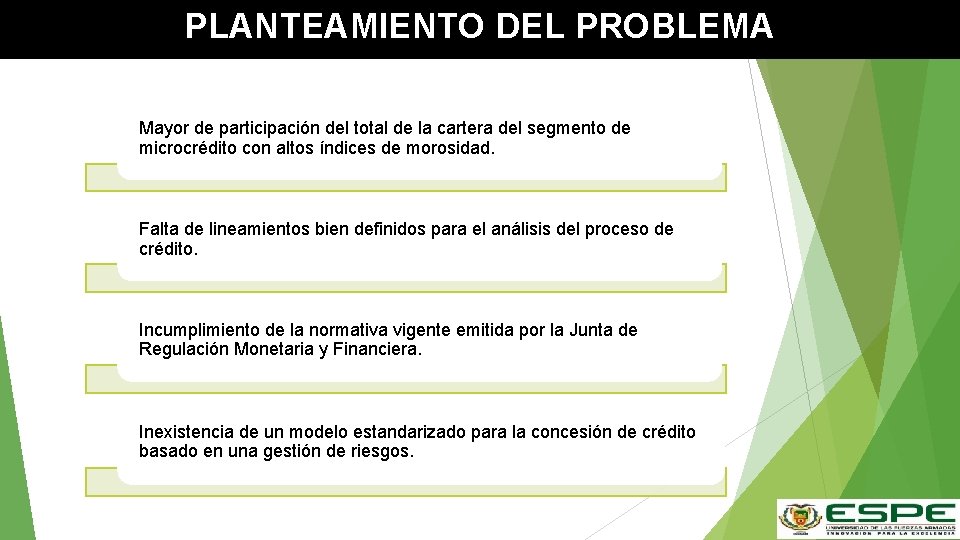 PLANTEAMIENTO DEL PROBLEMA Mayor de participación del total de la cartera del segmento de