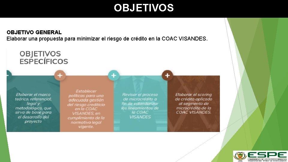 OBJETIVOS OBJETIVO GENERAL Elaborar una propuesta para minimizar el riesgo de crédito en la