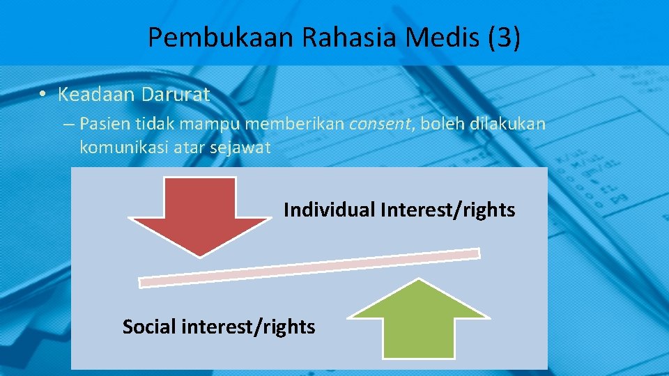 Pembukaan Rahasia Medis (3) • Keadaan Darurat – Pasien tidak mampu memberikan consent, boleh Pembukaan Rahasia Medis (3) • Keadaan Darurat – Pasien tidak mampu memberikan consent, boleh