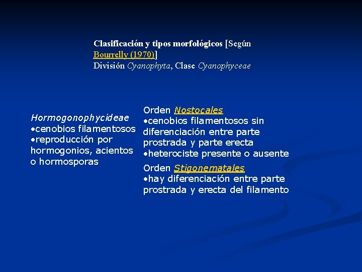 Clasificación y tipos morfológicos [Según Bourrelly (1970)] División Cyanophyta, Clase Cyanophyceae Orden Nostocales Hormogonophycideae