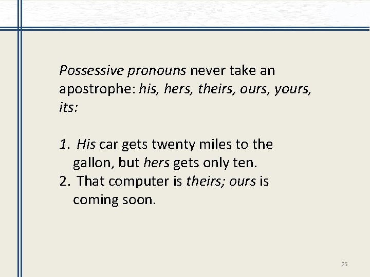 Possessive pronouns never take an apostrophe: his, hers, theirs, ours, yours, its: 1. His