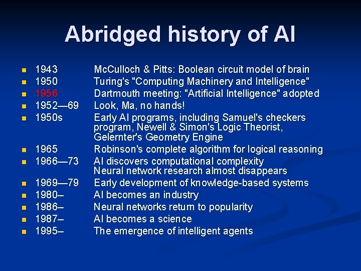 Abridged history of AI n n n 1943 1950 1956 1952— 69 1950 s