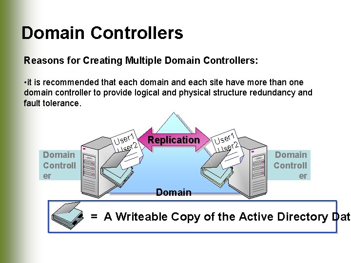 Domain Controllers Reasons for Creating Multiple Domain Controllers: • it is recommended that each