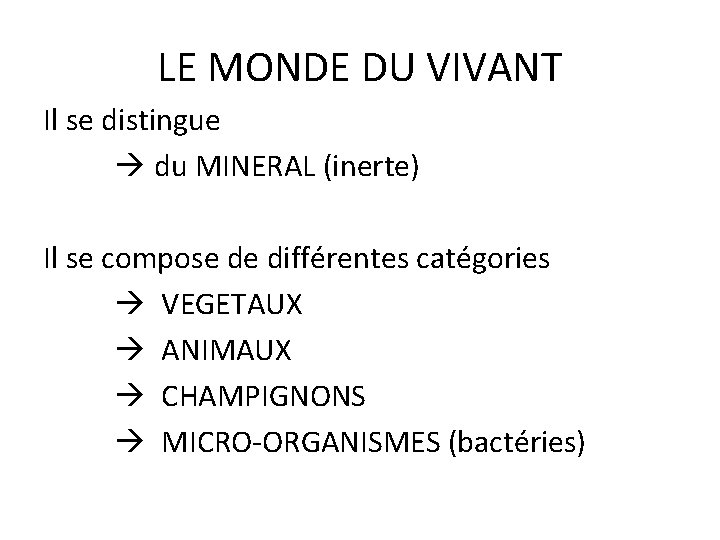 LE MONDE DU VIVANT Il se distingue du MINERAL (inerte) Il se compose de LE MONDE DU VIVANT Il se distingue du MINERAL (inerte) Il se compose de