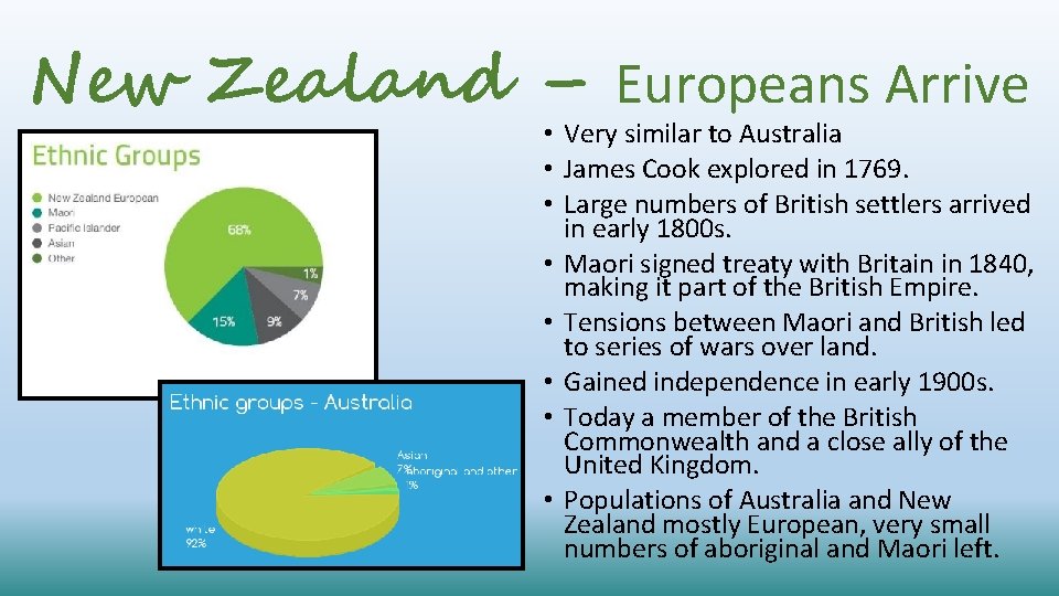 New Zealand – Europeans Arrive • Very similar to Australia • James Cook explored