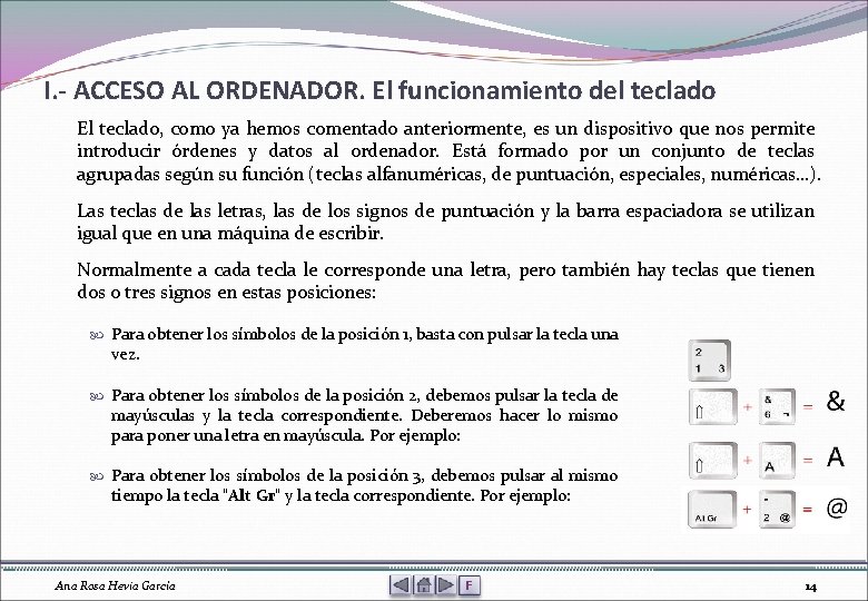 I. - ACCESO AL ORDENADOR. El funcionamiento del teclado El teclado, como ya hemos